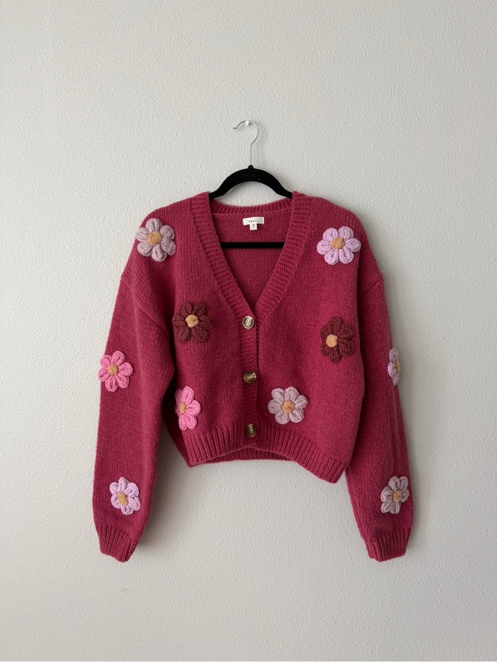 Debut Chunky Knit Cropped Cardigan 3D Crochet Flowers Berry Pink Size L
